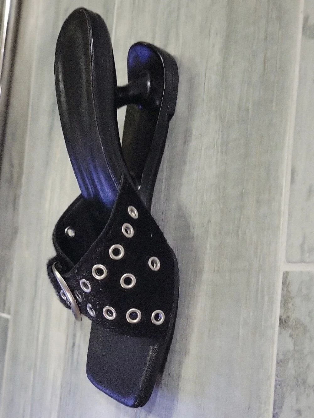 Black Grommet Buckle Slide Heels